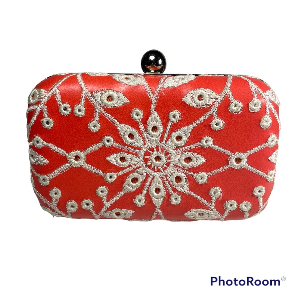Leather clutch/crossbody purse with crochet lace - salmon color